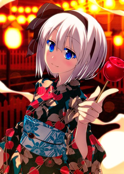 Anime picture 1200x1679 with touhou konpaku youmu myon sazanami mio single tall image looking at viewer blush fringe short hair blue eyes hair between eyes standing holding silver hair outdoors traditional clothes japanese clothes light smile wide sleeves