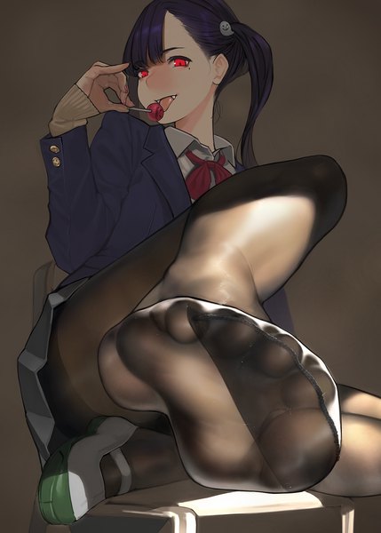 Anime picture 1001x1400 with miru tights nakabeni yua yomu (sgt epper) single long hair tall image looking at viewer light erotic simple background red eyes sitting twintails holding purple hair full body pleated skirt mole shadow mole under eye sleeves past wrists