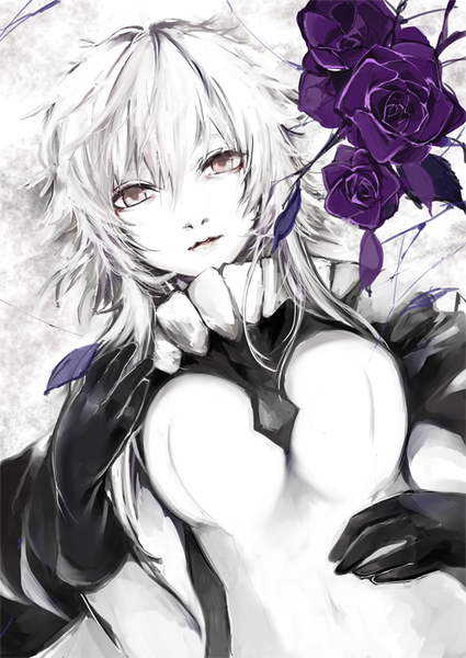Anime picture 627x885 with kantai collection wo-class aircraft carrier atoshi single long hair tall image looking at viewer brown eyes white hair lying on back white skin shinkaisei-kan girl gloves flower (flowers) black gloves rose (roses) cape bodysuit