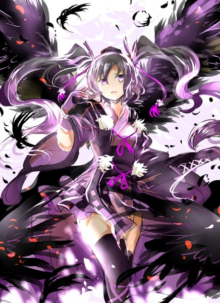 Anime picture 1000x1375 with touhou himekaidou hatate shigureru single long hair tall image looking at viewer black hair simple background smile standing white background purple eyes twintails wind sunlight black wings checkered checkered skirt girl