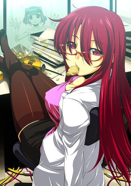 Anime picture 1200x1697 with dream c club onija tarou (artist) long hair tall image breasts light erotic red eyes large breasts red hair looking back girl thighhighs black thighhighs glasses food