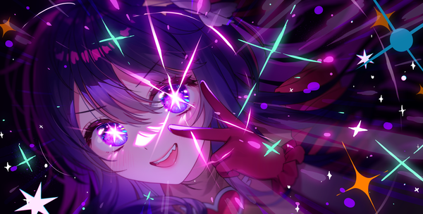 Anime picture 4162x2109 with oshi no ko hoshino ai (oshi no ko) botte single long hair looking at viewer fringe highres open mouth hair between eyes wide image purple eyes absurdres purple hair upper body :d symbol-shaped pupils victory girl gloves