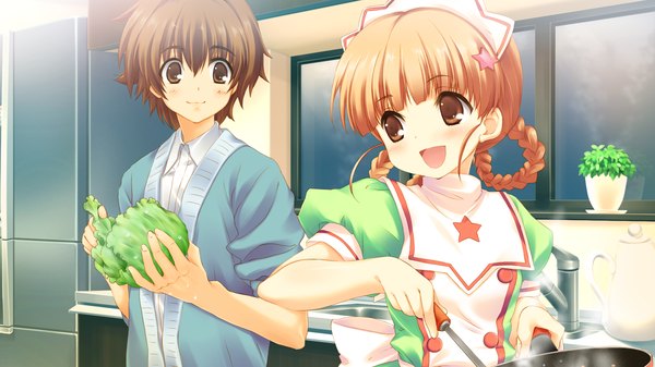 Anime picture 1280x720 with hoshi no ouji-kun hakase chino qp:flapper smile brown hair wide image brown eyes game cg braid (braids) orange hair twin braids girl food