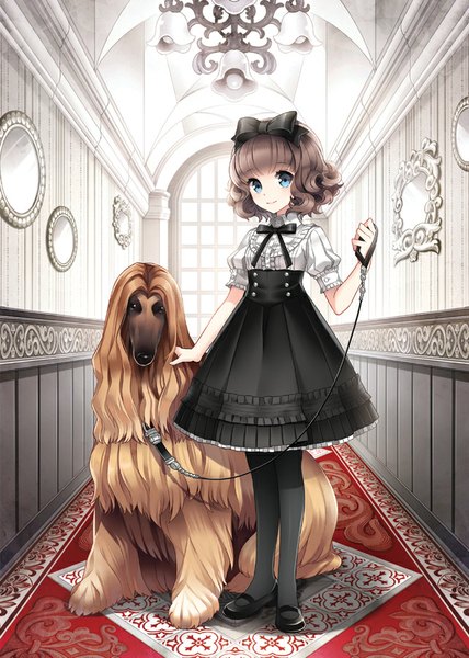 Anime picture 642x900 with original nardack single tall image looking at viewer short hair blue eyes brown hair light smile underbust girl dress bow hair bow animal dog