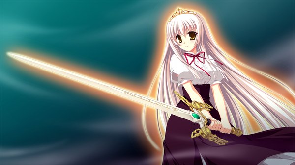 Anime picture 1280x720 with fortissimo//akkord:bsusvier (game) ooba kagerou long hair wide image yellow eyes game cg white hair girl sword