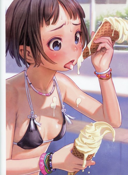 Anime picture 5092x6966 with futurelog (artbook) range murata single tall image blush highres short hair open mouth blue eyes light erotic brown hair bare shoulders absurdres scan embarrassed :p halterneck spill girl swimsuit