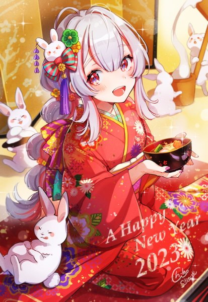 Anime picture 882x1280 with original piroshiki123 single long hair tall image looking at viewer fringe open mouth hair between eyes red eyes sitting silver hair traditional clothes :d japanese clothes sparkle new year seiza happy new year 2023