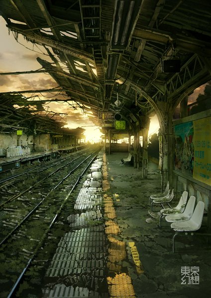 Anime picture 827x1169 with original tokyogenso tall image sky cloud (clouds) evening sunset no people ruins destruction abandoned plant (plants) train station railways