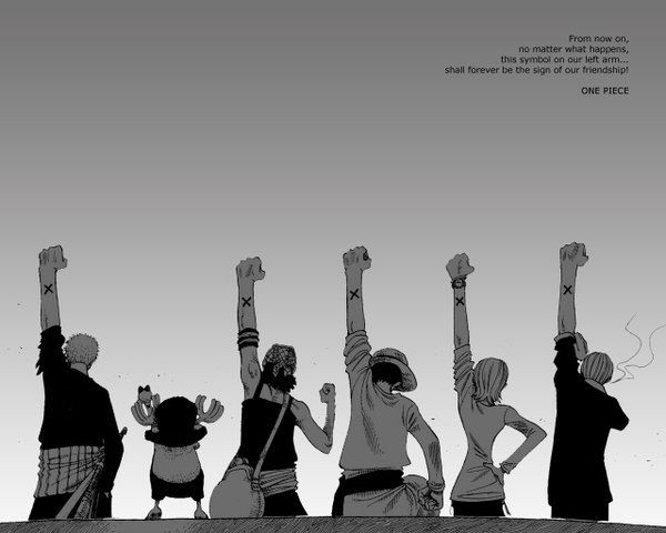 Anime picture 1280x1024 with one piece toei animation nami (one piece) monkey d. luffy roronoa zoro sanji tony tony chopper usopp konomi takeshi short hair simple background arm up horn (horns) from behind grey background multiple boys copyright name sleeveless hand on hip gradient background