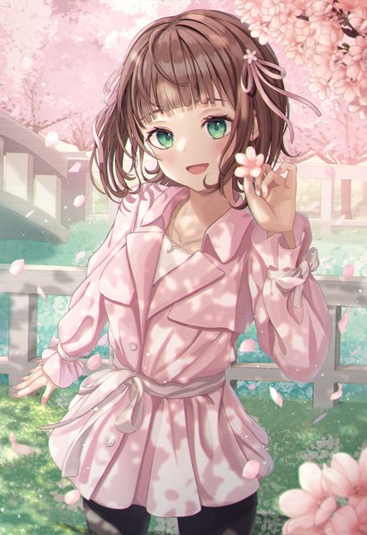Anime picture 1963x2869 with idolmaster idolmaster (classic) amami haruka funii single tall image looking at viewer blush fringe highres short hair open mouth smile brown hair standing holding green eyes outdoors blunt bangs long sleeves