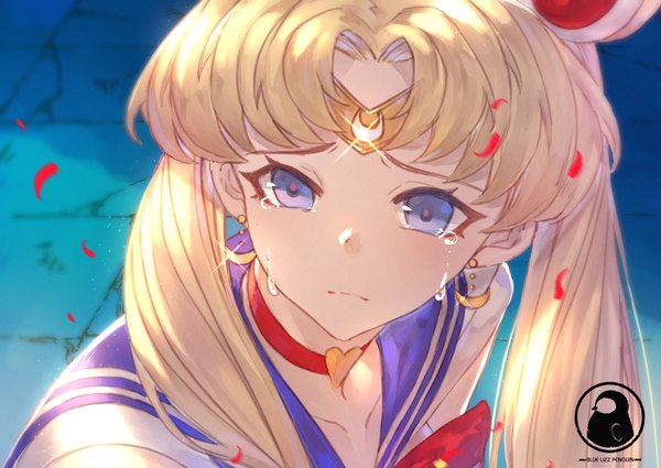 Anime picture 5056x3584 with bishoujo senshi sailor moon toei animation tsukino usagi sailor moon blue lizz penguin single long hair highres blue eyes blonde hair twintails signed looking away absurdres tears sailor collar meme screencap redraw sailor moon redraw challenge girl