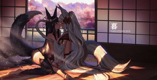 Anime picture 2000x1021 with granblue fantasy yuel (granblue fantasy) socie (granblue fantasy) yurichtofen blush fringe highres breasts open mouth blue eyes light erotic black hair red eyes wide image sitting multiple girls signed animal ears full body white hair