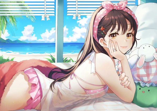 Anime picture 1800x1275 with original connie (keean2019) single long hair looking at viewer blush fringe highres light erotic smile hair between eyes brown hair yellow eyes indoors lying lips beach on stomach polka dot chin rest
