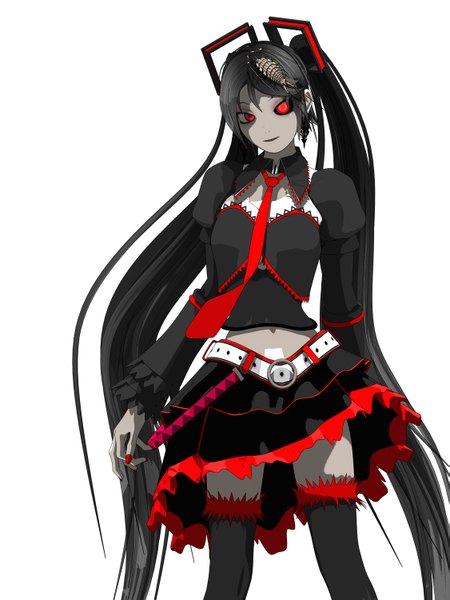 Anime picture 1125x1500 with vocaloid bacterial contamination (vocaloid) hatsune miku deino single long hair tall image black hair simple background red eyes white background nail polish girl thighhighs hair ornament black thighhighs earrings miniskirt shirt necktie