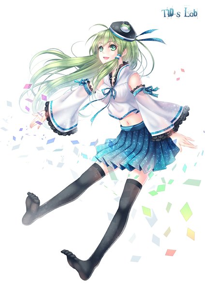 Anime picture 707x1000 with touhou kochiya sanae tidsean single long hair tall image open mouth simple background white background looking away green hair legs girl thighhighs skirt navel black thighhighs hat detached sleeves hair tubes
