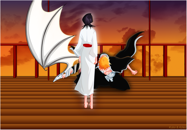 Anime picture 1171x814 with bleach studio pierrot kurosaki ichigo kuchiki rukia azley short hair black hair sky cloud (clouds) japanese clothes orange hair coloring back girl boy belt kimono