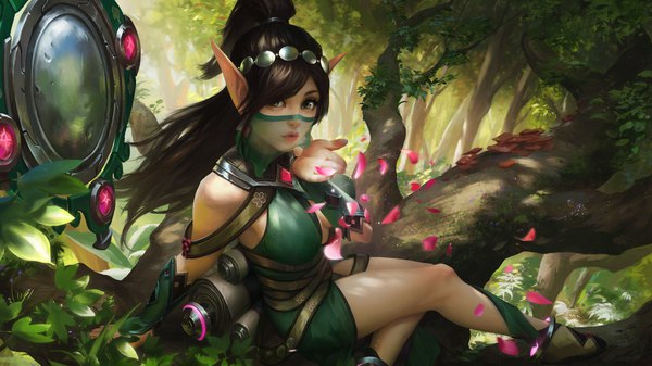 Anime picture 1920x1080 with paladins ying (paladins) xiaoguang sun single long hair looking at viewer highres breasts black hair wide image large breasts sitting payot outdoors wind lips pointy ears realistic arm support grey eyes