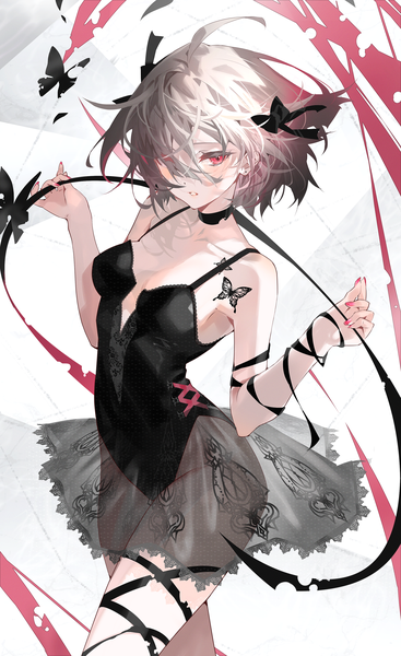 Anime picture 2141x3500 with original arutera single tall image looking at viewer fringe highres short hair breasts light erotic simple background red eyes standing silver hair ahoge nail polish parted lips fingernails hair over one eye arms up