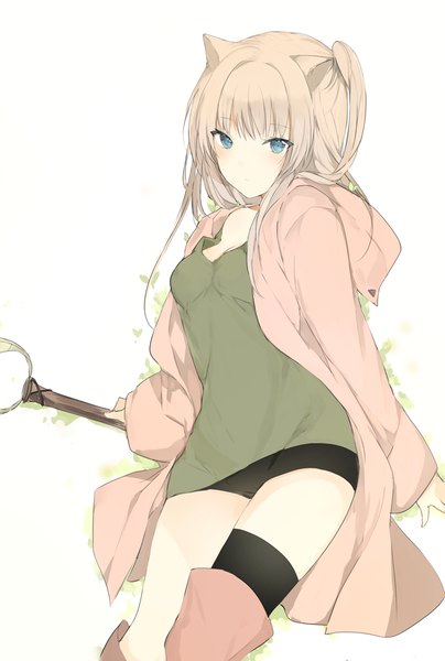 Anime picture 674x1000 with original lpip single long hair tall image looking at viewer fringe blue eyes simple background blonde hair white background animal ears cleavage head tilt side ponytail girl thighhighs black thighhighs headphones