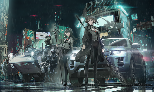 Anime picture 2000x1200 with original land rover swav looking at viewer fringe highres short hair black hair hair between eyes wide image standing multiple girls holding full body outdoors long sleeves wind black eyes night open clothes