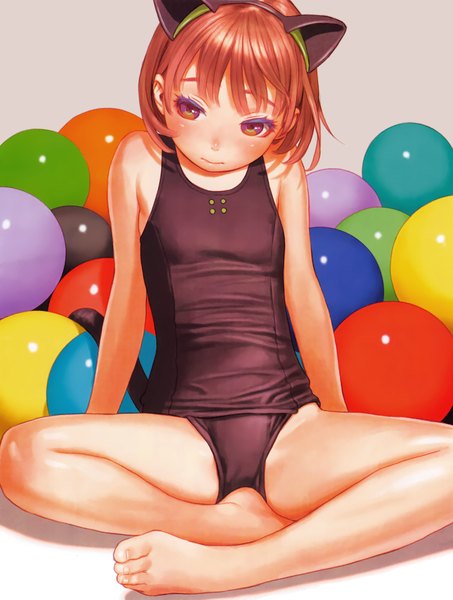 Anime picture 1065x1410 with original range murata single tall image looking at viewer blush short hair breasts light erotic brown hair sitting bare shoulders brown eyes animal ears barefoot light smile cat ears bare legs flat chest girl
