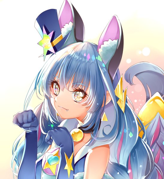 Anime picture 2407x2641 with precure star twinkle precure toei animation yuni (precure) cure cosmo yuutarou (fukiiincho) single long hair tall image fringe highres hair between eyes animal ears yellow eyes blue hair looking away upper body cat ears fang (fangs) magical girl