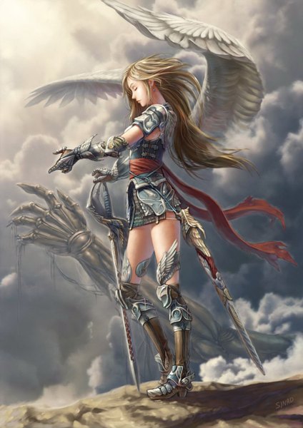Anime picture 1024x1448 with sinad aruatjanapat tall image blonde hair standing sky cloud (clouds) eyes closed girl weapon earrings sword wings boots armor