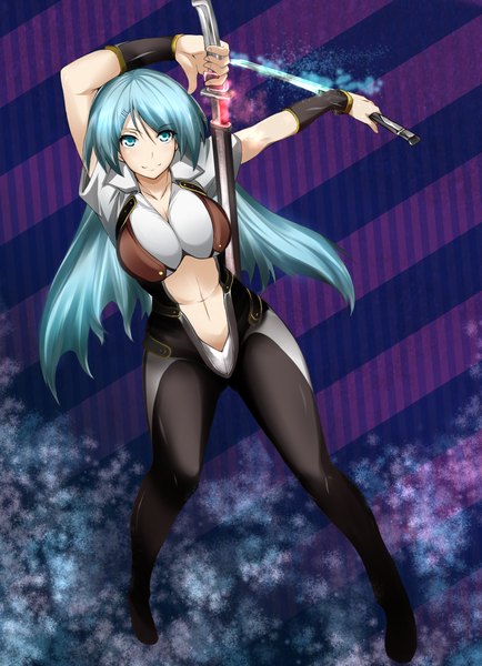 Anime picture 1200x1658 with original makiikazuya single long hair tall image looking at viewer light erotic smile aqua eyes light smile aqua hair girl navel weapon sword katana bodysuit sheath