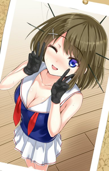 Anime picture 642x1000 with kantai collection maya heavy cruiser arudehido single tall image looking at viewer blush fringe short hair open mouth blue eyes light erotic brown hair standing cleavage from above sweat victory sweatdrop ;d
