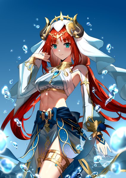 Anime picture 2480x3508 with genshin impact nilou (genshin impact) wahyauku single long hair tall image looking at viewer blush fringe highres smile standing twintails red hair blunt bangs long sleeves nail polish horn (horns) aqua eyes midriff