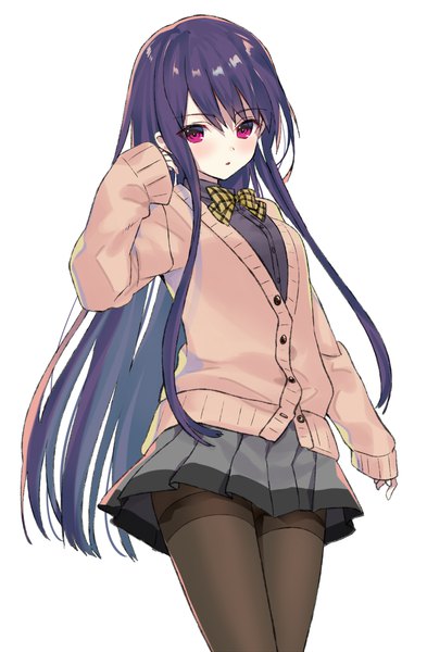 Anime-Bild 700x1067 mit original yuuki rika single long hair tall image looking at viewer blush fringe simple background hair between eyes standing white background payot purple hair parted lips pleated skirt pink eyes :o adjusting hair sleeves past wrists