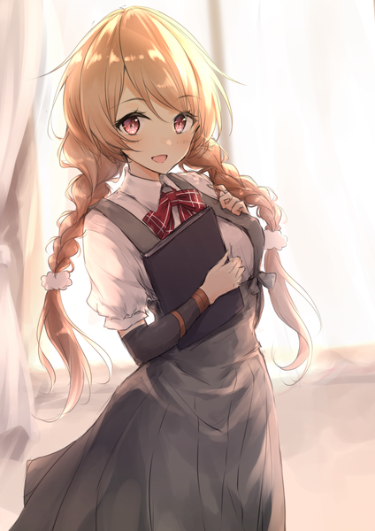 Anime picture 3541x5016 with kantai collection minegumo destroyer uzuki tsukuyo single long hair tall image looking at viewer blush fringe highres open mouth blonde hair smile hair between eyes red eyes standing holding absurdres indoors braid (braids)