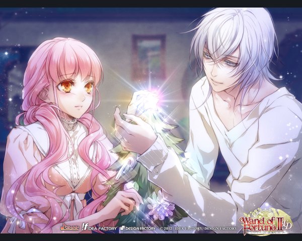Anime picture 1280x1024 with wand of fortune wand of fortune 2 idea factory lulu (wand of fortune) salo-mon (wand of fortune) usuba kagerou long hair blush fringe short hair pink hair white hair light smile orange eyes couple silver eyes girl dress boy sweater