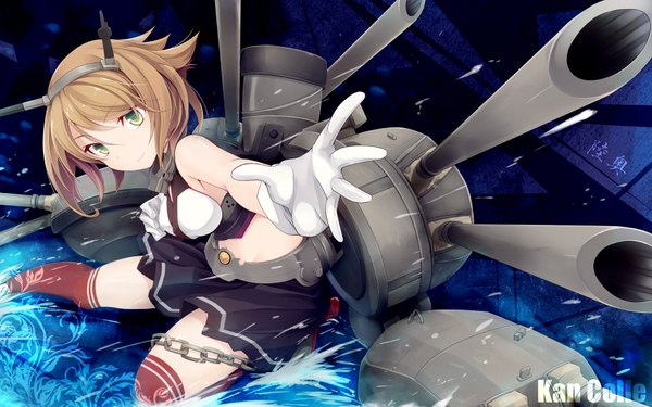 Anime picture 1920x1200 with kantai collection mutsu battleship ogami kazuki single looking at viewer highres short hair breasts brown hair wide image large breasts green eyes wallpaper character names watermark outstretched hand girl skirt gloves weapon