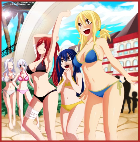 Anime picture 1000x1013 with fairy tail lucy heartfilia erza scarlet wendy marvell mirajane strauss lisanna strauss tremblax long hair tall image short hair open mouth blue eyes light erotic blonde hair smile twintails multiple girls brown eyes blue hair sky
