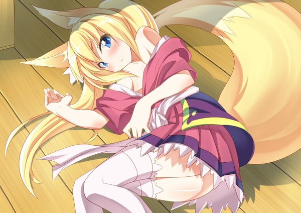 Anime picture 1280x905 with original mtu (orewamuzituda) single long hair blush blue eyes blonde hair animal ears lying fox ears fox tail girl thighhighs white thighhighs