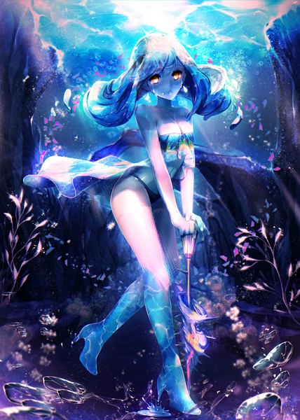 Anime picture 800x1120 with original noa (artist) single long hair tall image looking at viewer light erotic bare shoulders yellow eyes blue hair cleavage underwater girl thighhighs underwear panties shoes bubble (bubbles) fishnet stockings