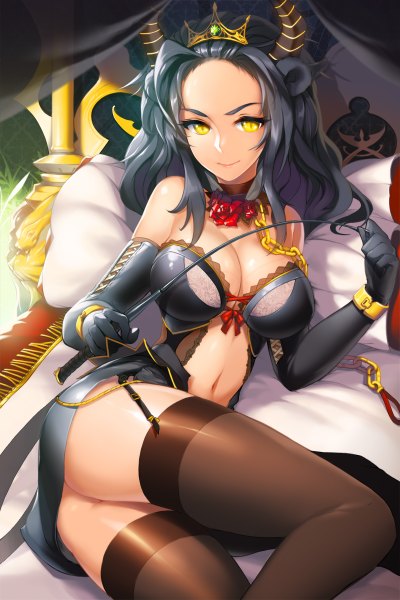 Anime picture 800x1200 with sword girls snowball22 single long hair tall image looking at viewer breasts light erotic black hair large breasts yellow eyes ass horn (horns) girl thighhighs gloves navel black thighhighs elbow gloves crown