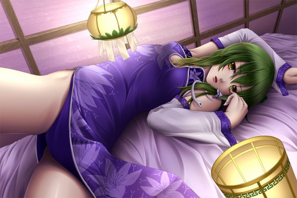 Anime picture 1200x800 with touhou kochiya sanae mochi.f single green eyes lying green hair girl detached sleeves lamp