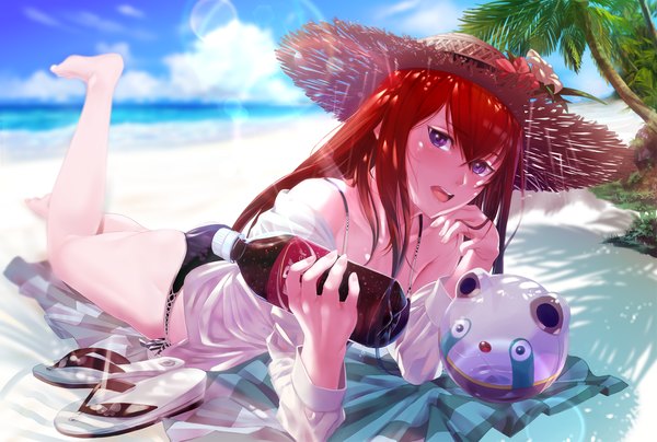 Anime picture 1800x1212 with steins;gate white fox dr pepper makise kurisu gotthelife single long hair looking at viewer blush fringe highres open mouth light erotic hair between eyes purple eyes bare shoulders holding payot sky cloud (clouds)