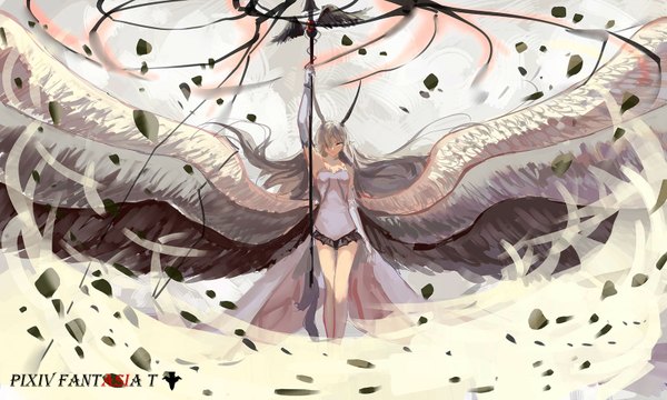 Anime picture 1600x960 with original pixiv fantasia pixiv fantasia t sishenfan single long hair looking at viewer fringe wide image standing bare shoulders yellow eyes horn (horns) pointy ears grey hair hair over one eye magic black wings white wings multiple wings