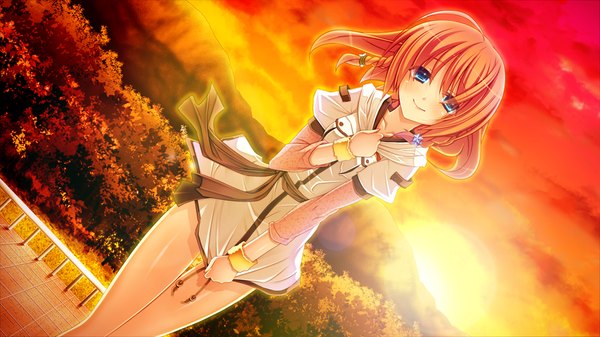 Anime picture 1024x576 with legend seven (game) blush short hair blue eyes smile wide image game cg red hair evening sunset girl
