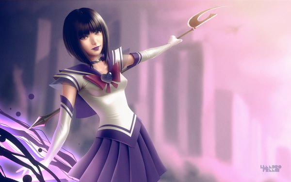 Anime picture 1920x1200 with bishoujo senshi sailor moon toei animation sailor saturn lenadrofranci single looking at viewer fringe highres short hair black hair wide image signed black eyes realistic wallpaper lipstick magic girl gloves elbow gloves