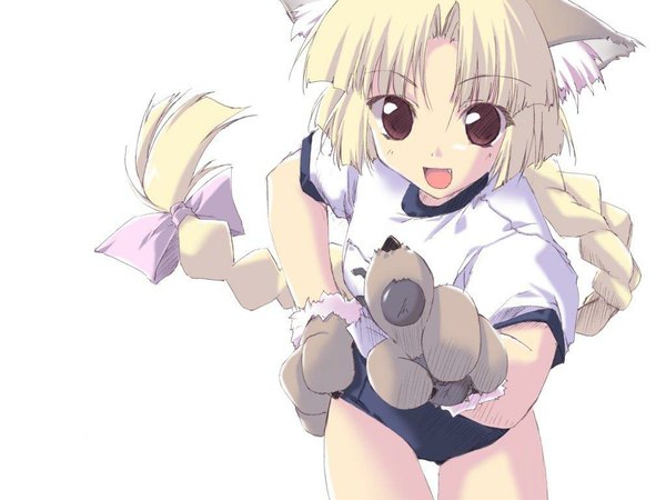 Anime picture 1024x768 with animal ears teeth fang (fangs) dog ears uniform gym uniform buruma