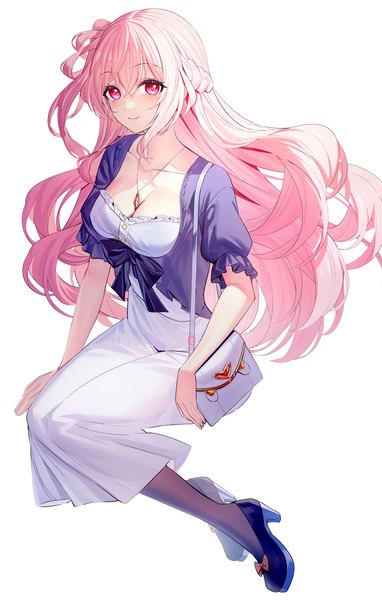 Anime picture 1280x2010 with original ririko (zhuoyandesailaer) single long hair tall image looking at viewer blush fringe breasts simple background smile hair between eyes white background sitting pink hair cleavage pink eyes short sleeves high heels one side up
