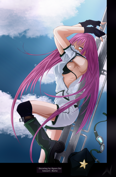 Anime picture 1321x2000 with air gear toei animation simca dark-nyghtmare single tall image green eyes pink hair sky cloud (clouds) very long hair sunlight armpit (armpits) coloring girl uniform hat fingerless gloves star (stars) gym uniform