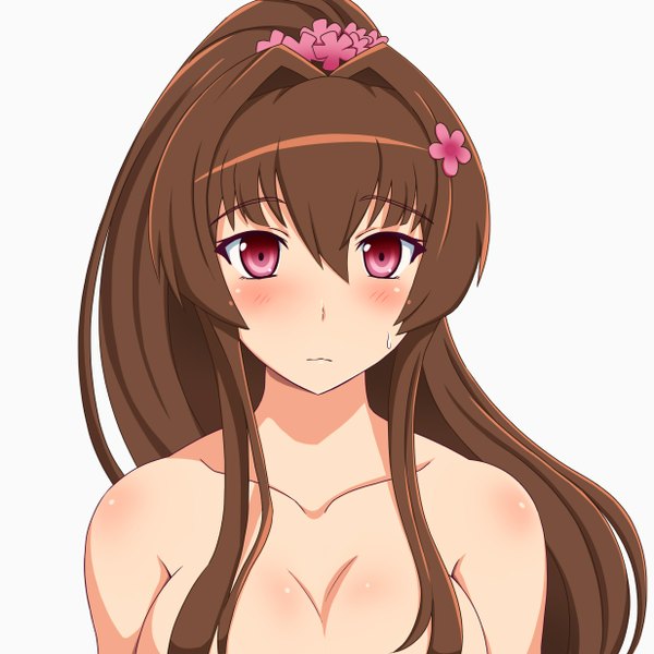Anime picture 1234x1234 with kantai collection yamato super battleship shin'en (gyokuro company) single blush breasts light erotic simple background brown hair large breasts bare shoulders cleavage upper body ponytail pink eyes hair flower nude sweat embarrassed sweatdrop