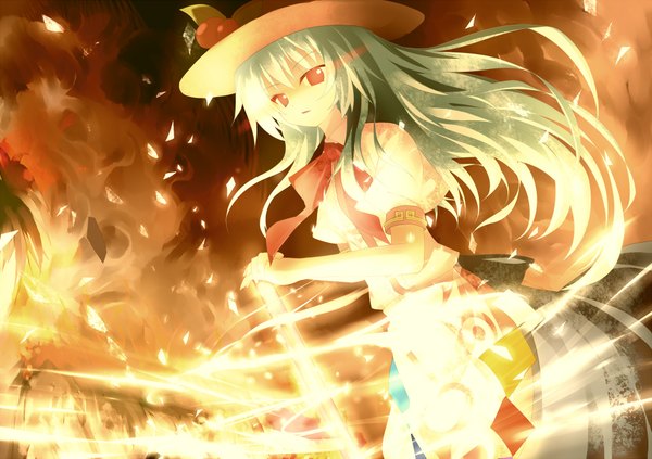 Anime picture 2000x1413 with touhou hinanawi tenshi jebura long hair highres red eyes green hair magic girl dress hat fire