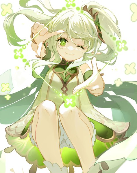 Anime picture 1839x2330 with genshin impact nahida (genshin impact) ocelot30515772 single tall image looking at viewer fringe highres simple background smile sitting green eyes bent knee (knees) head tilt one eye closed green hair pointy ears wink arms up side ponytail