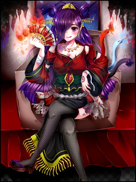 Anime picture 1500x2000 with rukito single long hair tall image blush fringe smile purple eyes bare shoulders purple hair hair over one eye tattoo crossed legs :p girl thighhighs black thighhighs shoes tongue bandage (bandages)